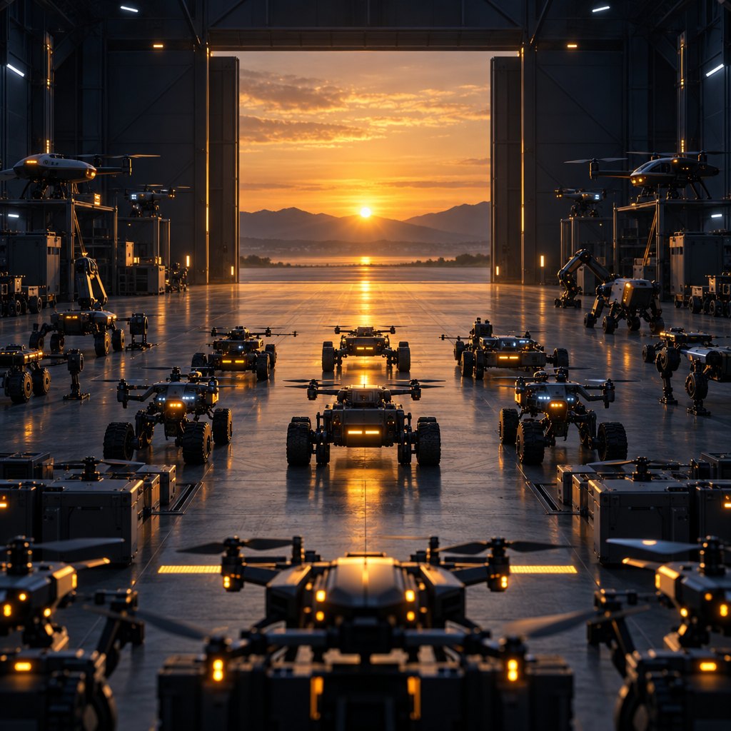 Hangar doors opening at dawn as rows of small robots power on