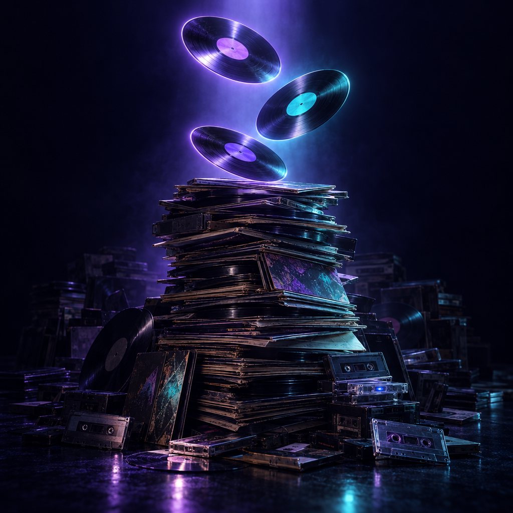 A stack of records lit by a violet beam