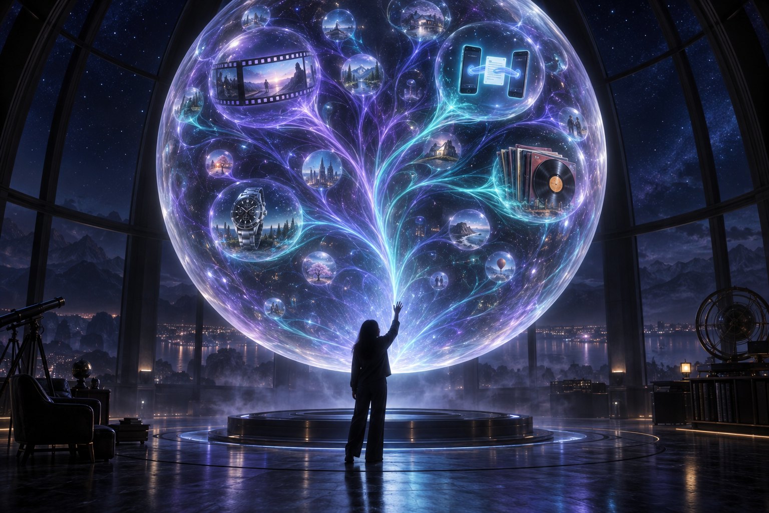 A glowing oracle sphere full of branching futures