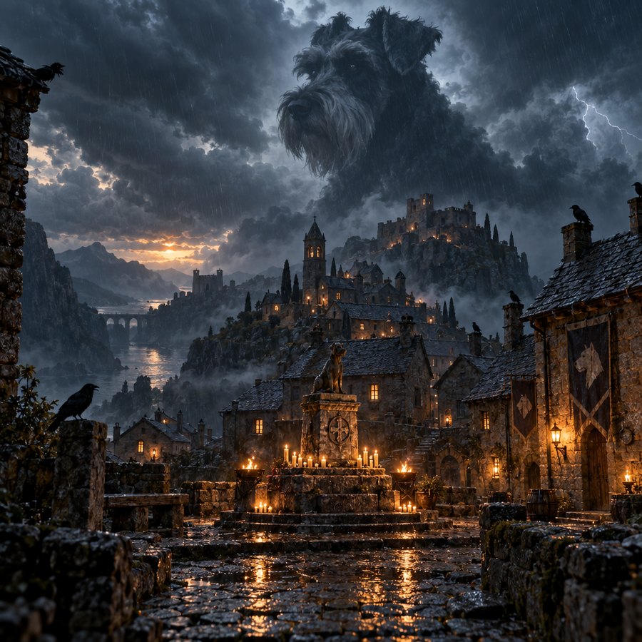 A medieval village at storm dusk with a colossal schnauzer in the clouds