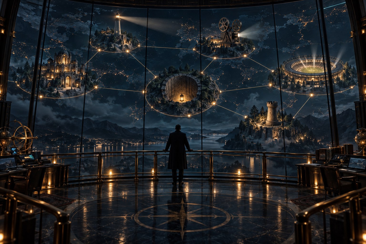 A control tower overlooking a glowing map of connected products