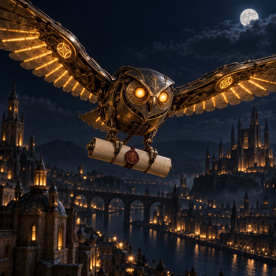 A winged brass courier drone carrying a sealed scroll over a night skyline