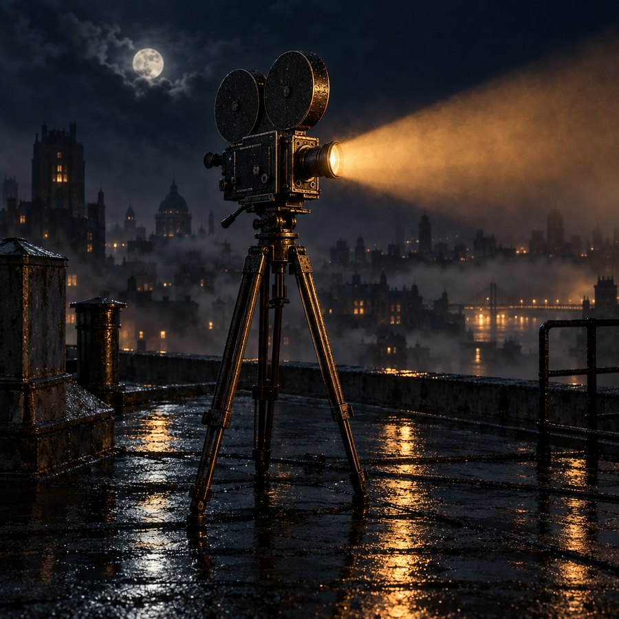 A cinema camera projecting light into fog on a rooftop