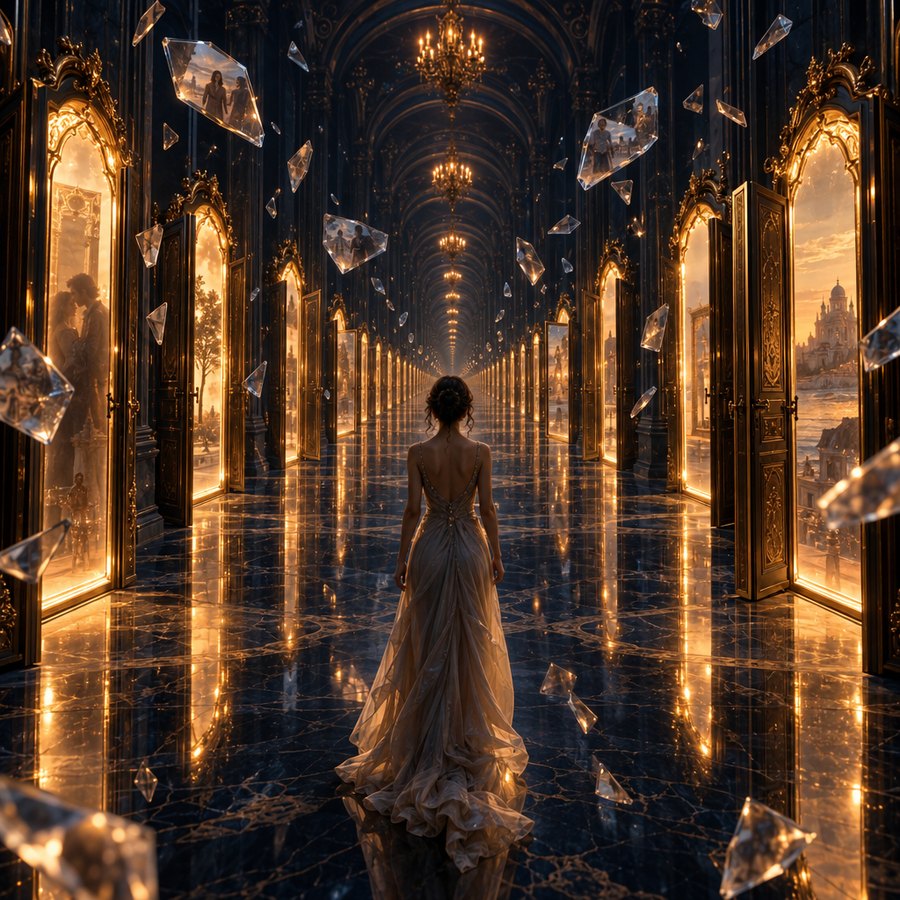 A hallway of glowing mirrored doors with floating memory shards