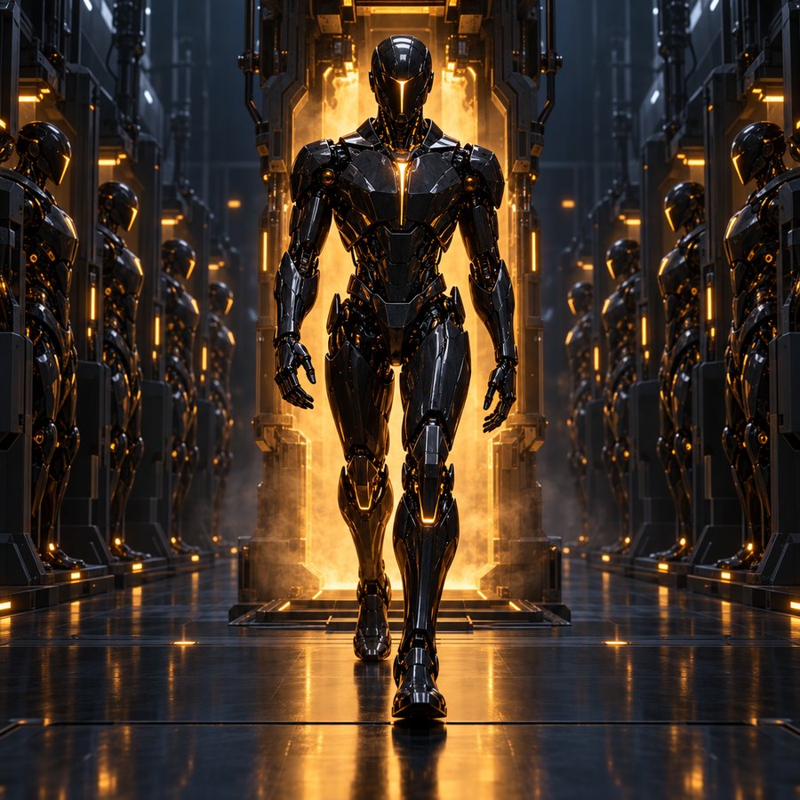 Robotic agents docked in a dark hangar with amber status lights