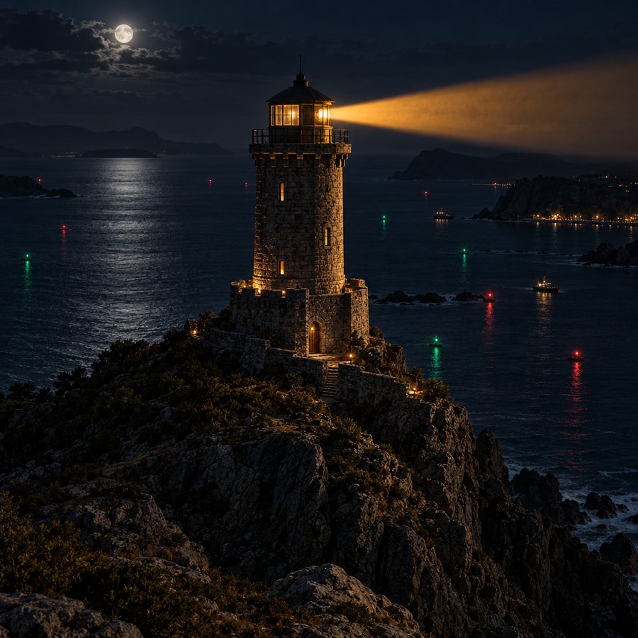 A watchtower sweeping a radar beam across a dark sea