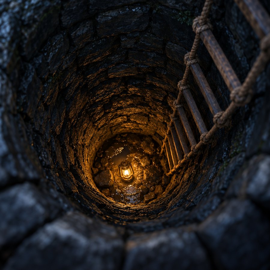 A lantern glowing at the bottom of a stone well